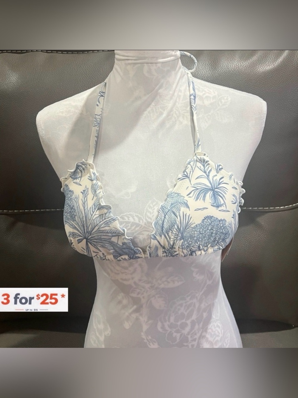 Shade & Shore Blue and White Botanical Bikini Top